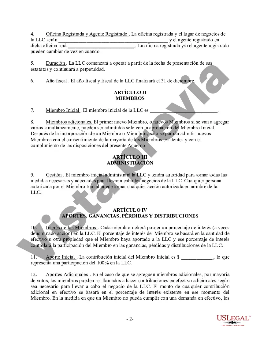 Preview Acuerdo Operativo LLC de Sociedad de Responsabilidad Limitada de Miembro Único