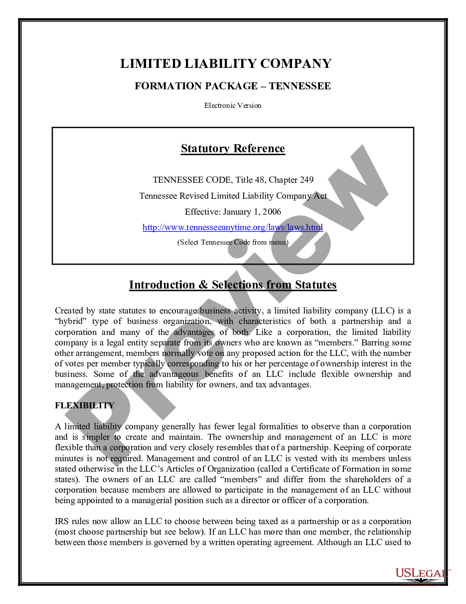 page 1 Tennessee Limited Liability Company LLC Formation Package preview