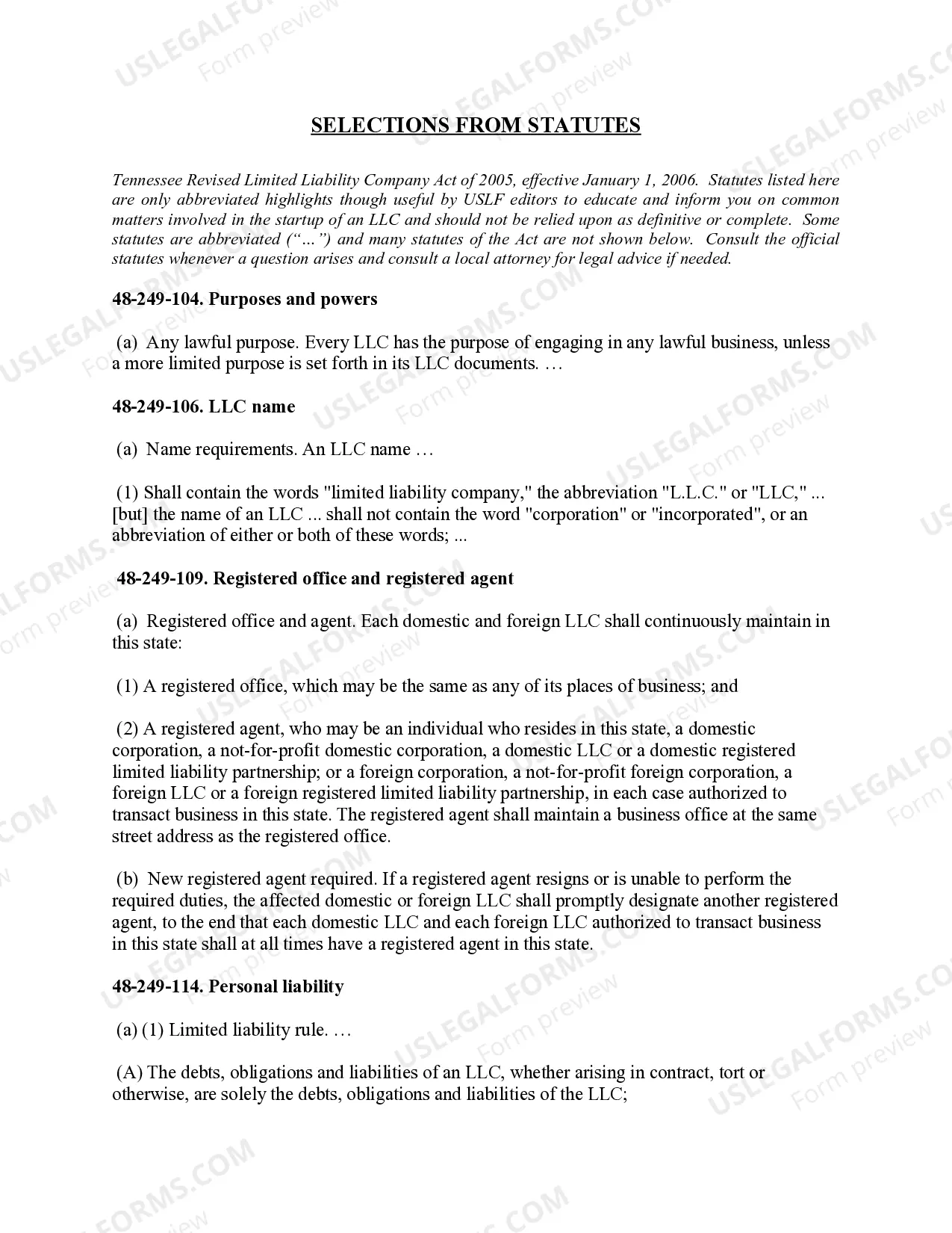 Preview Tennessee Limited Liability Company LLC Formation Package