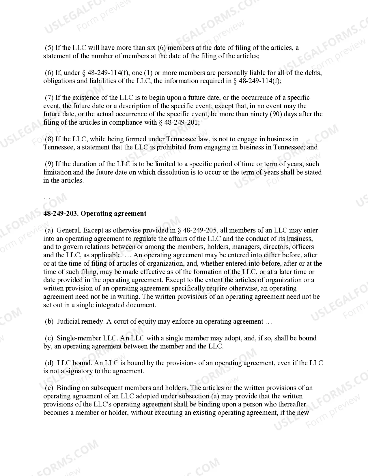 Preview Tennessee Limited Liability Company LLC Formation Package