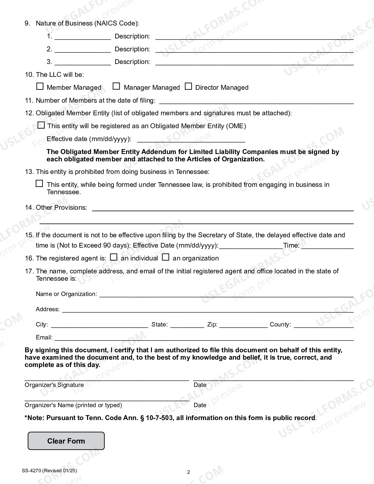 Preview Tennessee Articles of Organization for Domestic Limited Liability Company LLC