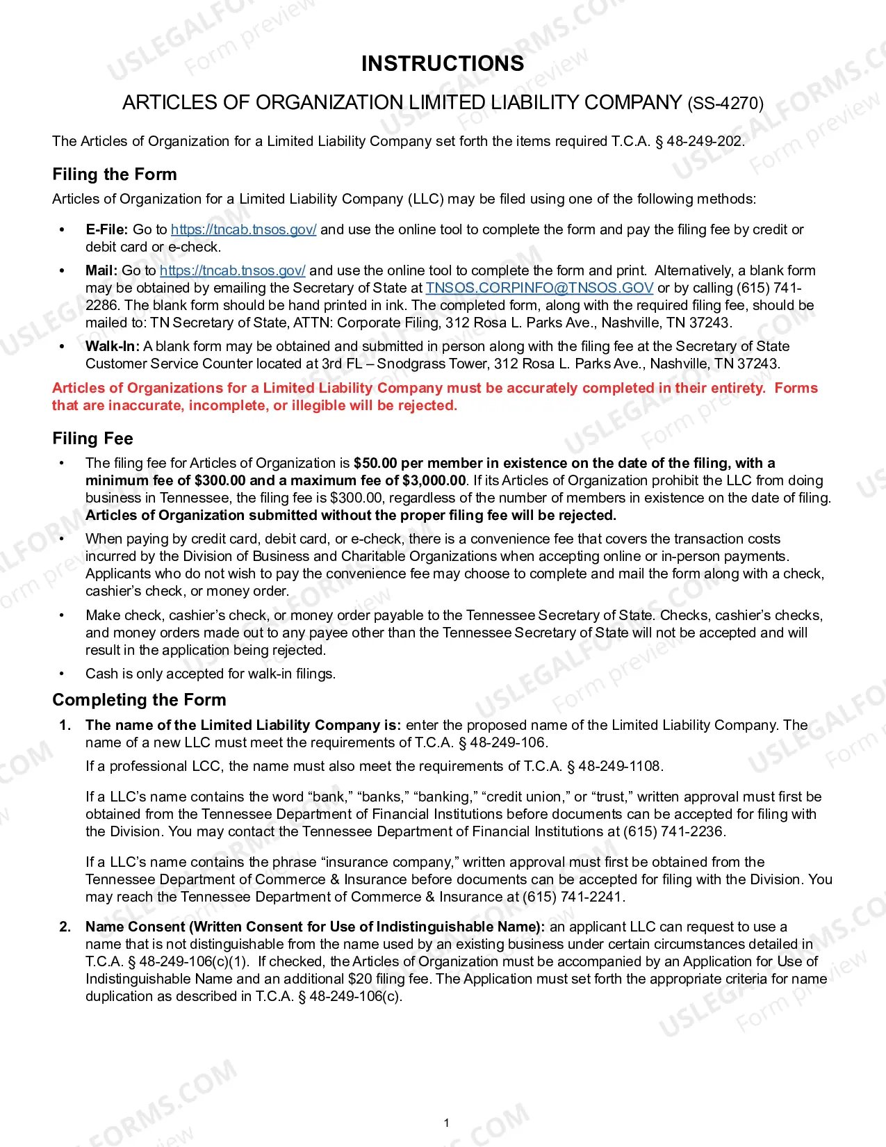 Preview Tennessee Articles of Organization for Domestic Limited Liability Company LLC