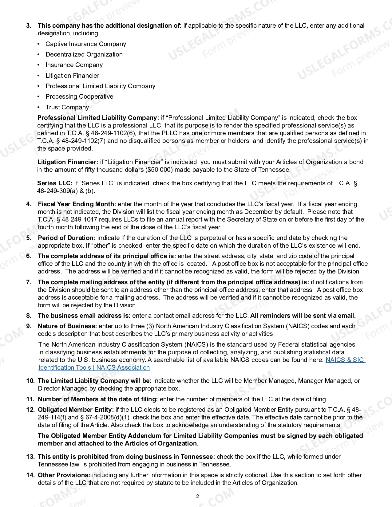 Preview Tennessee Articles of Organization for Domestic Limited Liability Company LLC