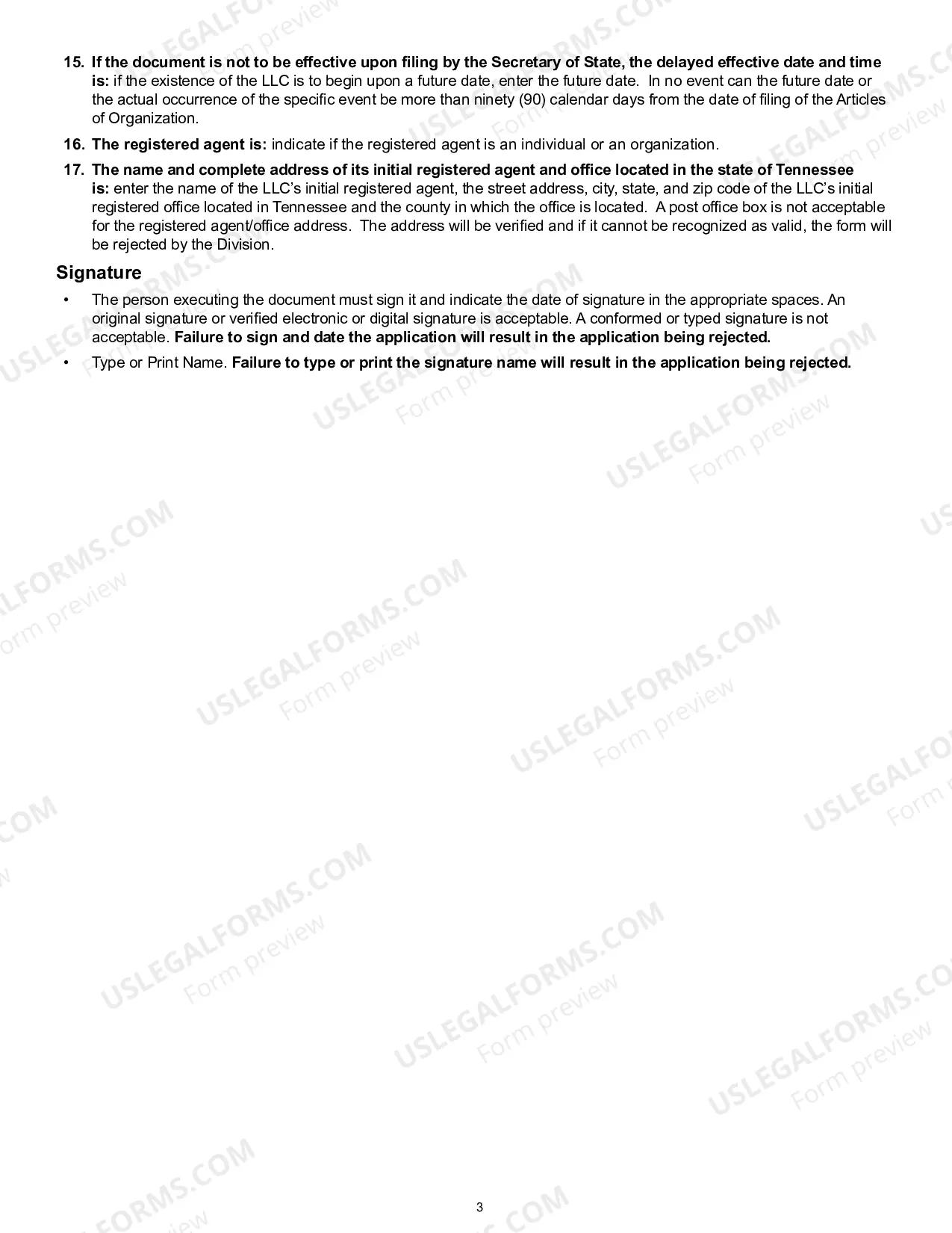 Preview Tennessee Articles of Organization for Domestic Limited Liability Company LLC