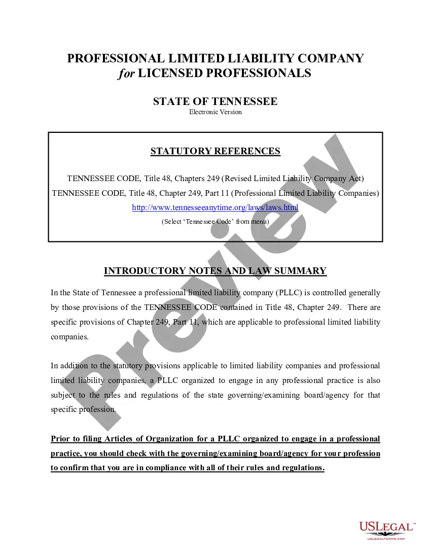 Tennessee Professional Limited Liability Company PLLC Formation Package ...