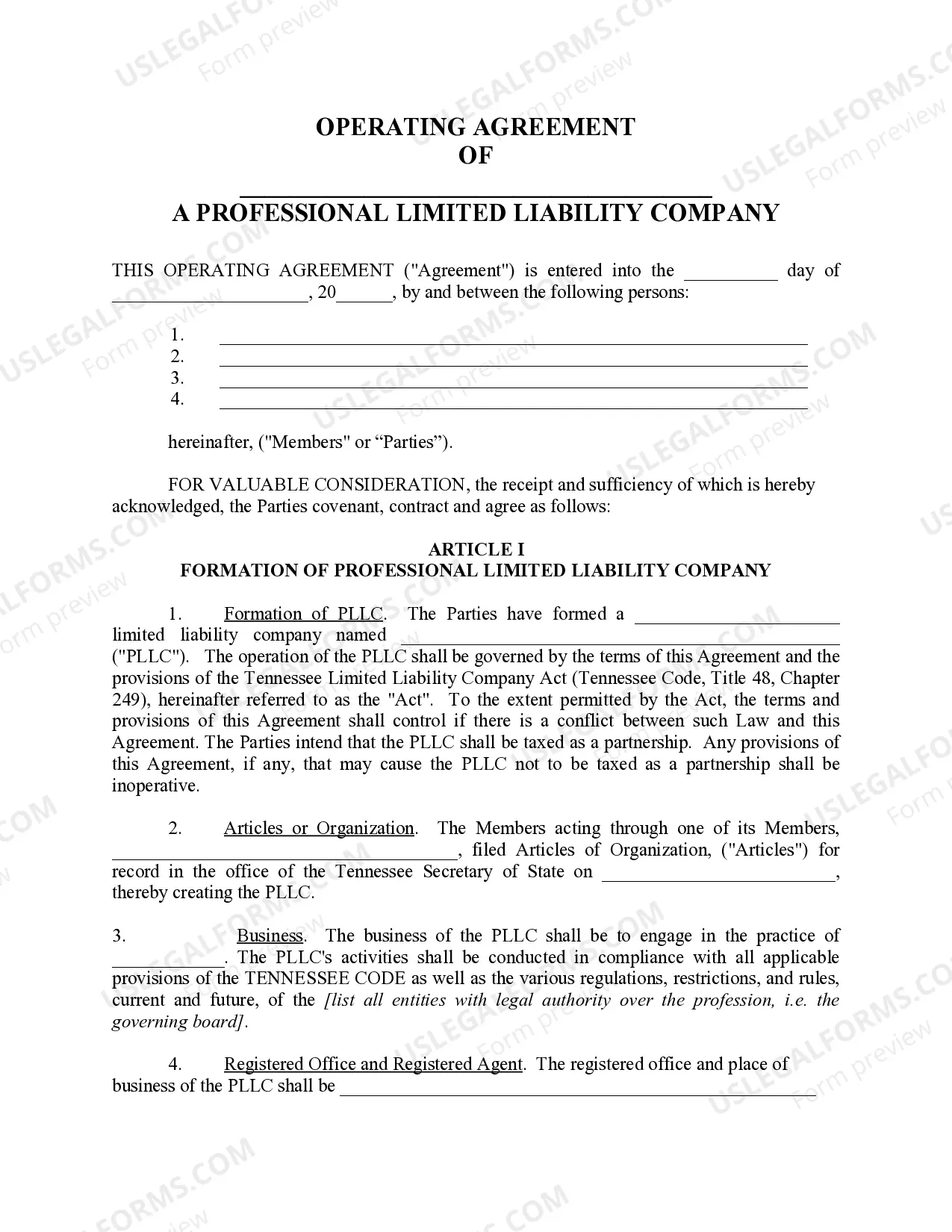 Preview Tennessee Professional Limited Liability Company PLLC Formation Package