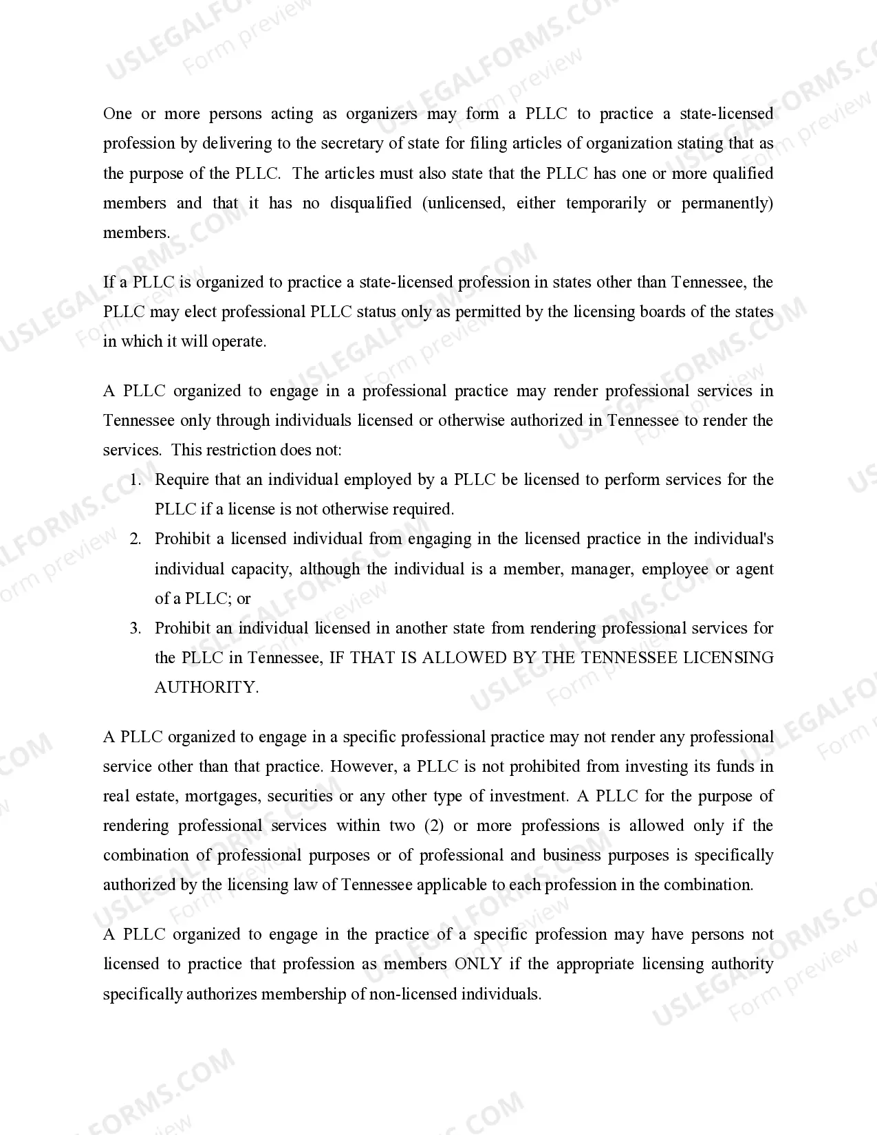 Preview Tennessee Professional Limited Liability Company PLLC Formation Package