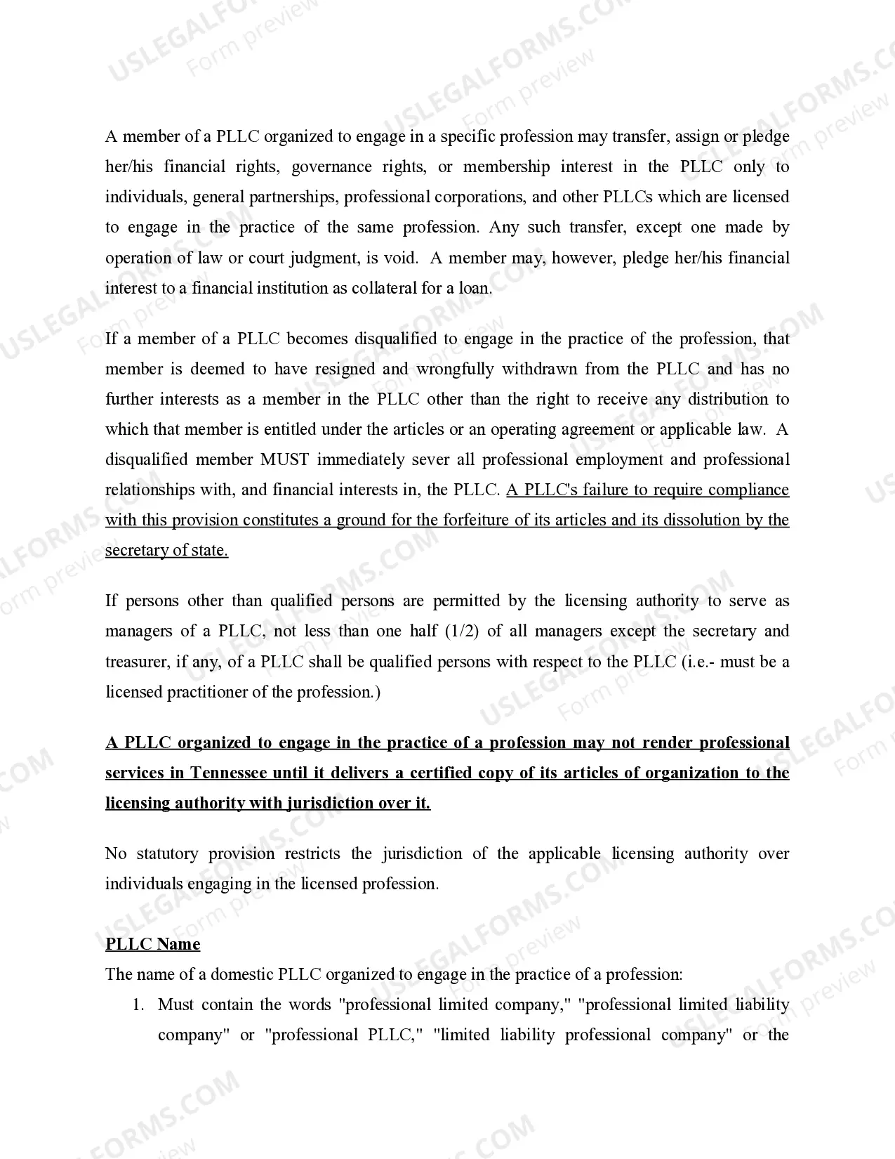 Preview Tennessee Professional Limited Liability Company PLLC Formation Package
