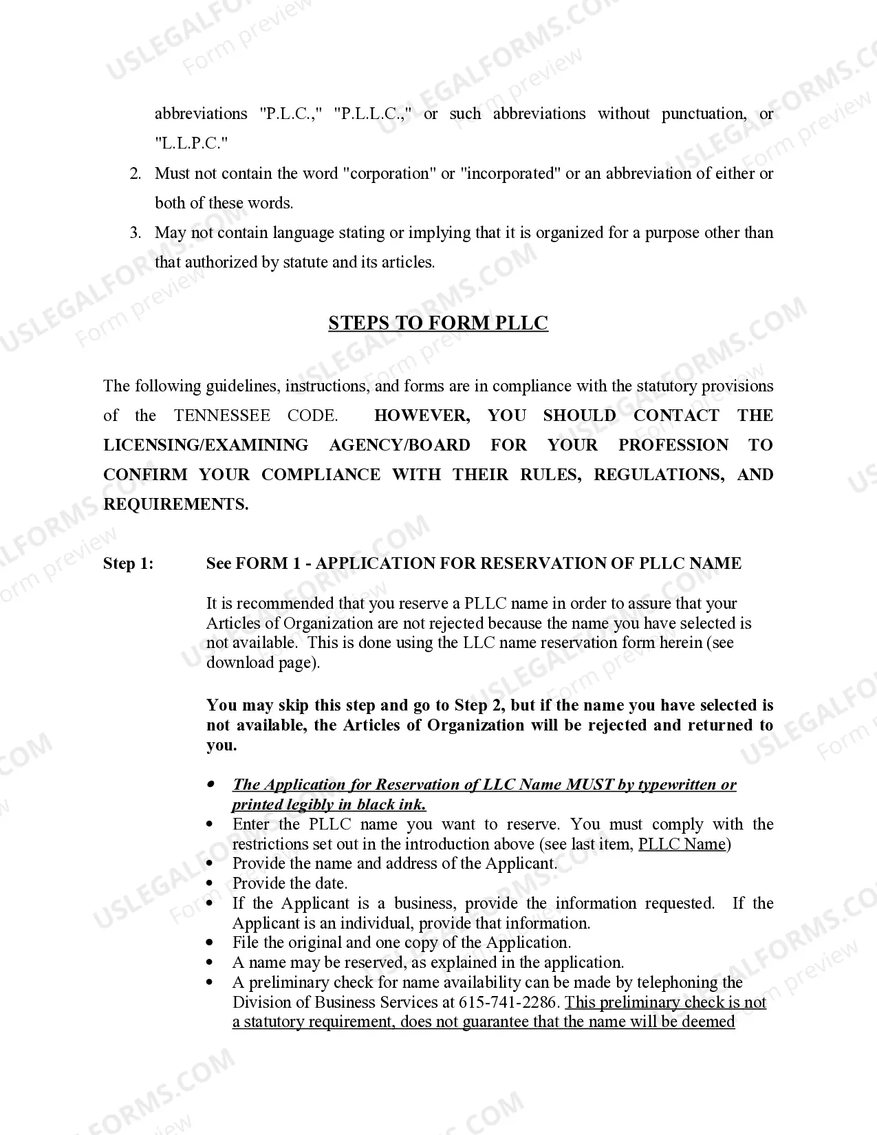 Preview Tennessee Professional Limited Liability Company PLLC Formation Package