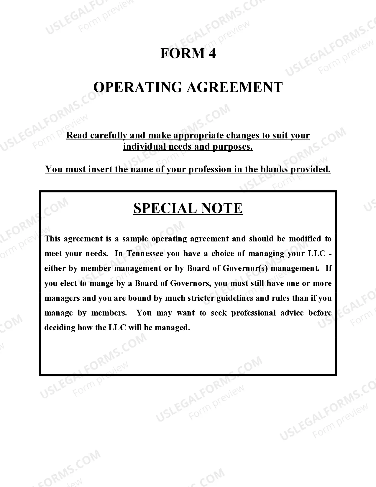 Preview Tennessee Professional Limited Liability Company PLLC Formation Package