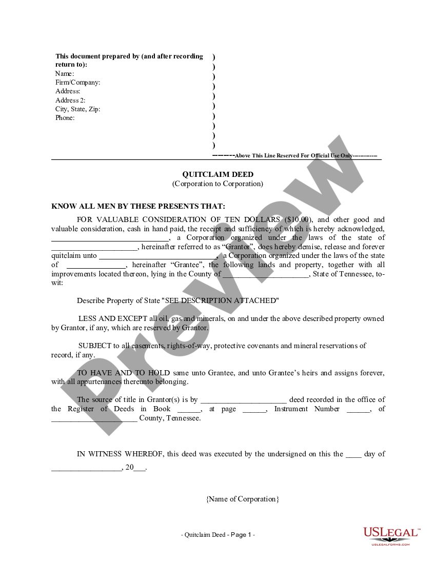 Tennessee Quitclaim Deed from Corporation to Corporation - Tennessee ...