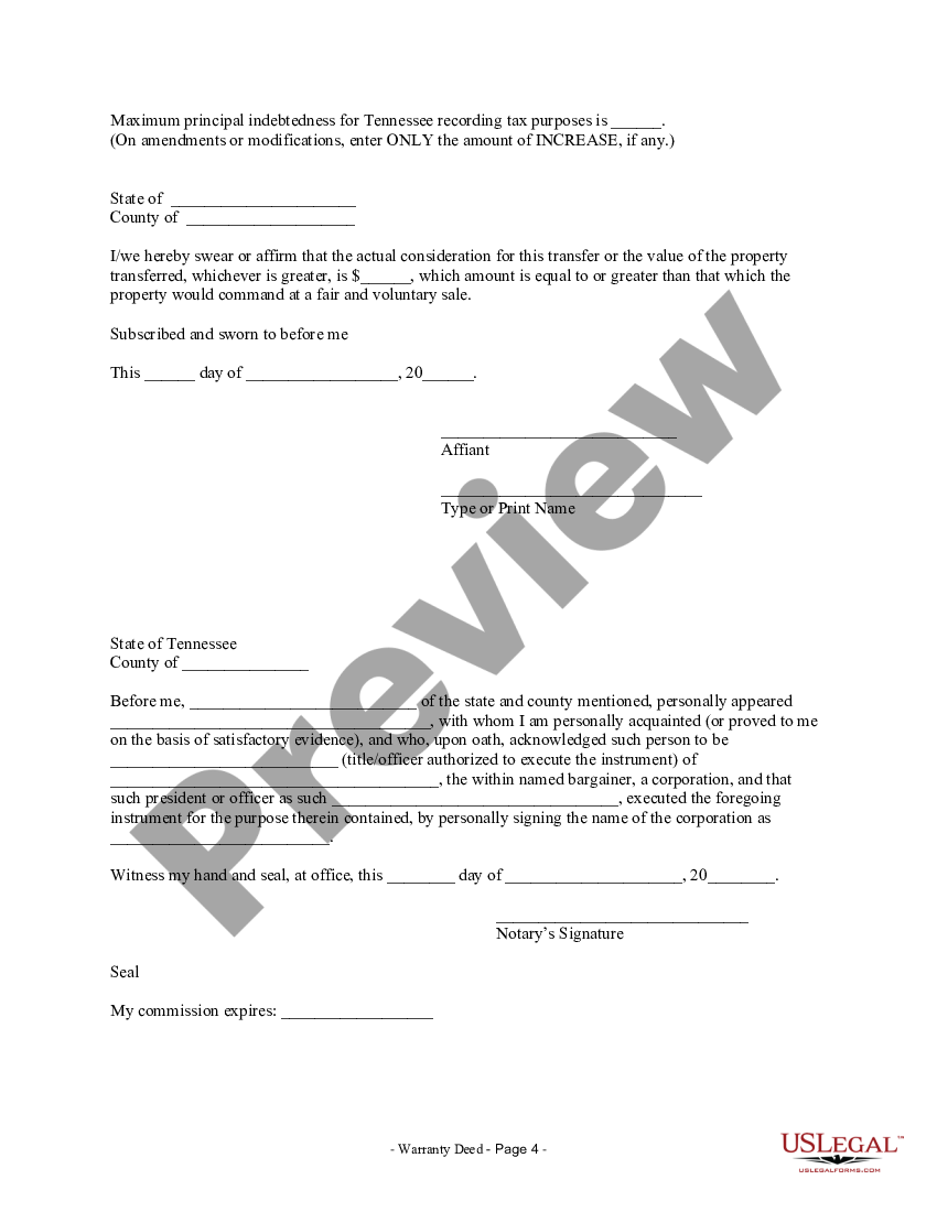 Tennessee Warranty Deed From Corporation To Corporation 