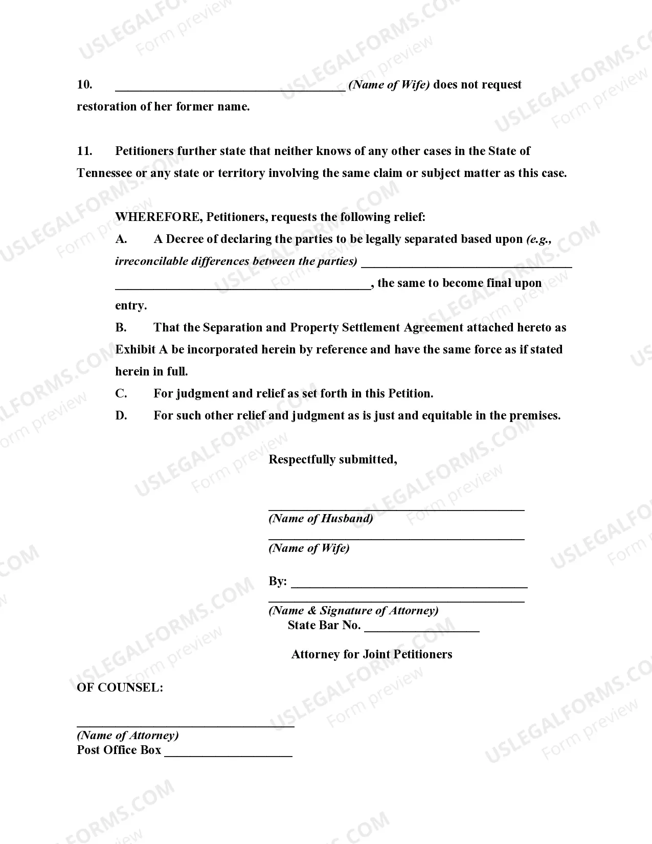 Preview Joint Petition for Legal Separation of Married Couple - No Children and Property Settlement Approved