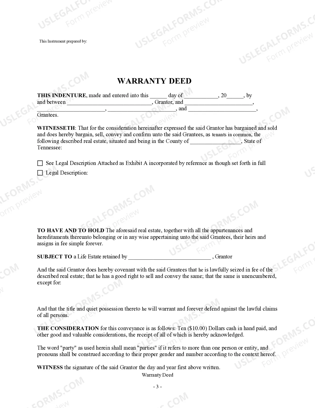 Preview Warranty Deed - Parent to Four Children with Reserved Life Estate
