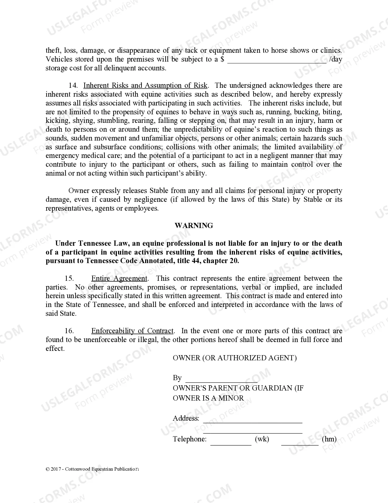 Preview Boarding Stable Agreement - Horse Equine Forms