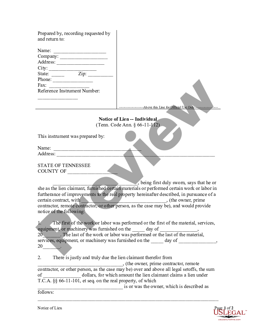 Tennessee Notice of Lien - Individual - Notice Of Intent To Lien ...