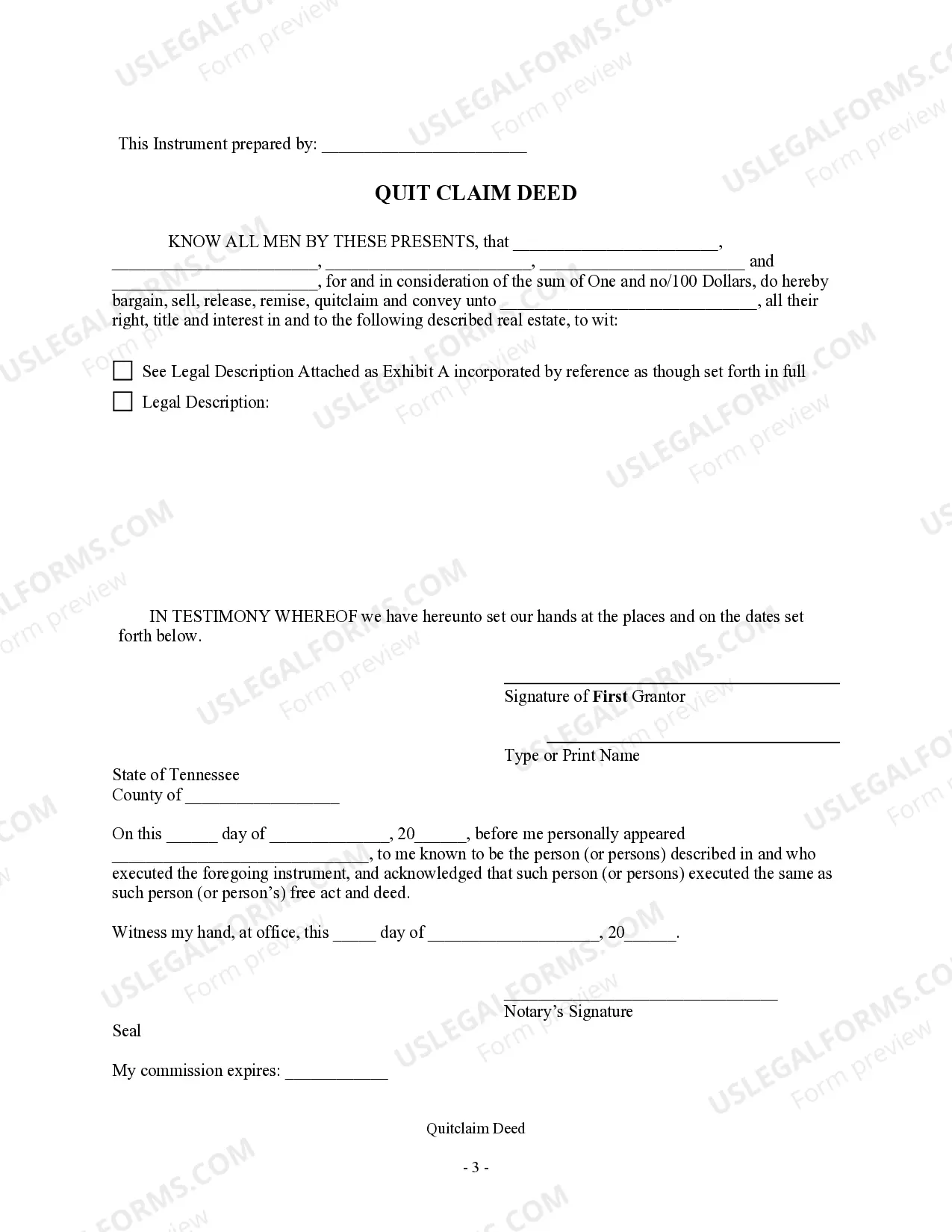 Preview Quitclaim Deed - Five Individuals to One Individual