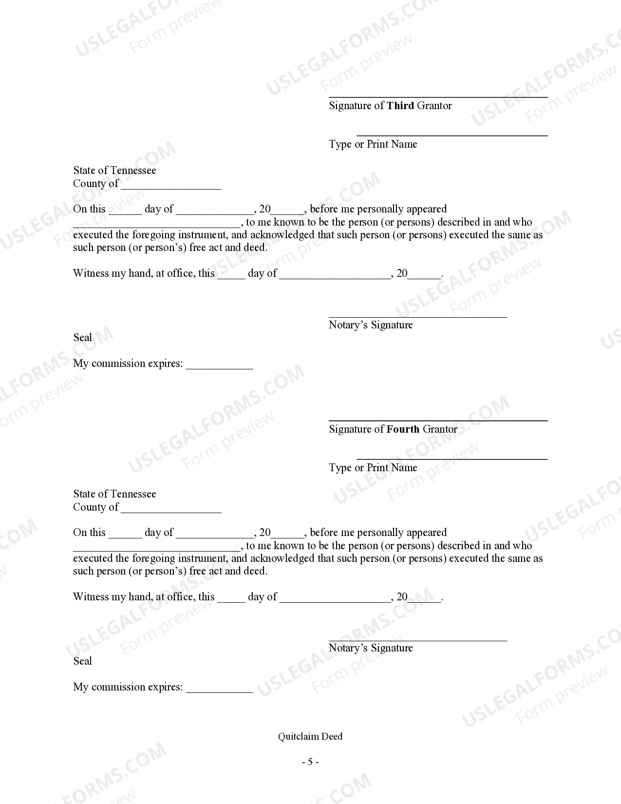 Preview Quitclaim Deed - Five Individuals to One Individual