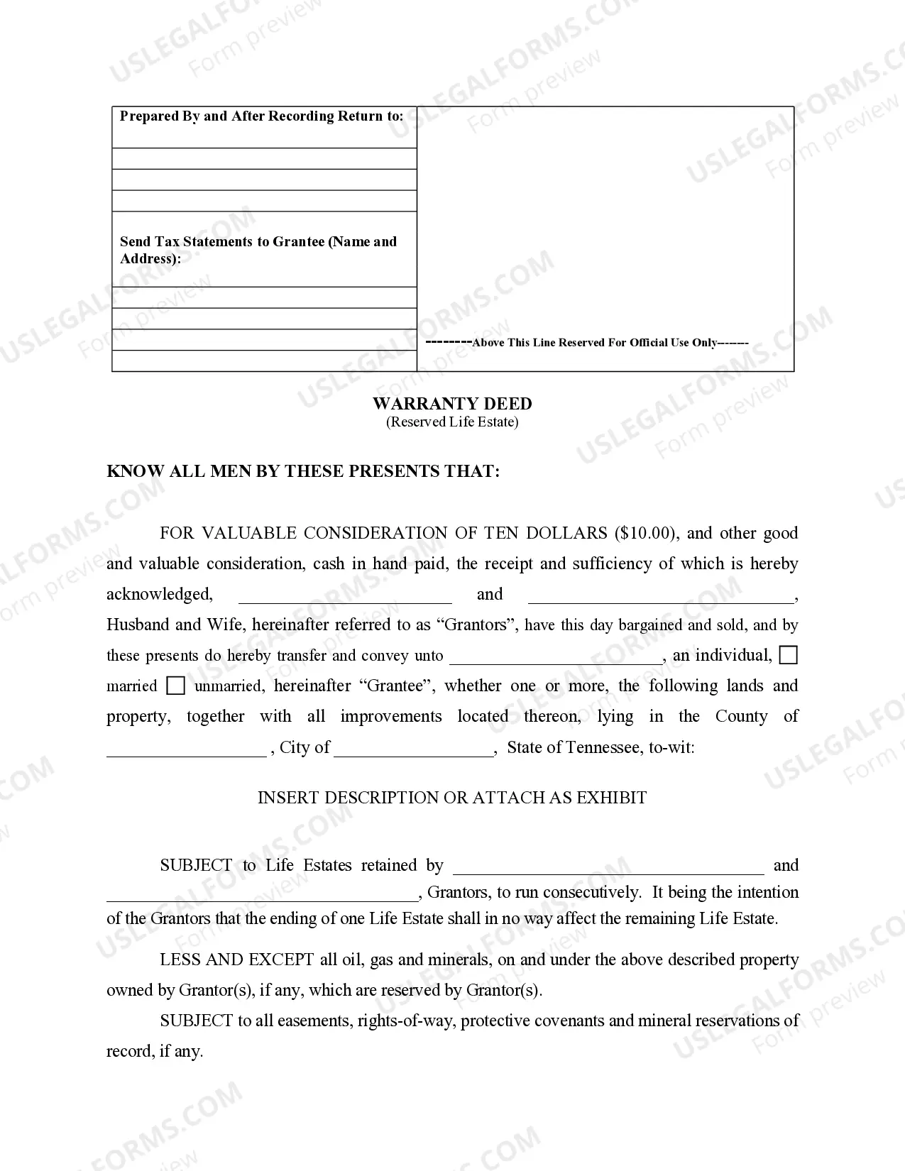 Preview Warranty Deed to Child Reserving a Life Estate in the Parents