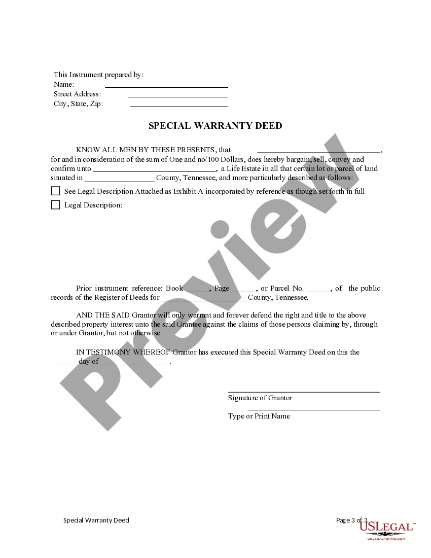 Tennessee Special Warranty Deed Life Estate Deed US Legal Forms