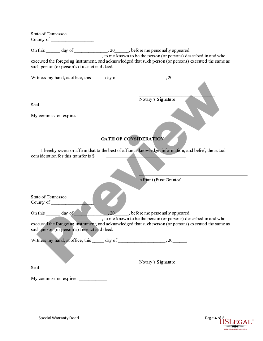 Tennessee Special Warranty Deed Special Warranty Deed Tennessee US Legal Forms