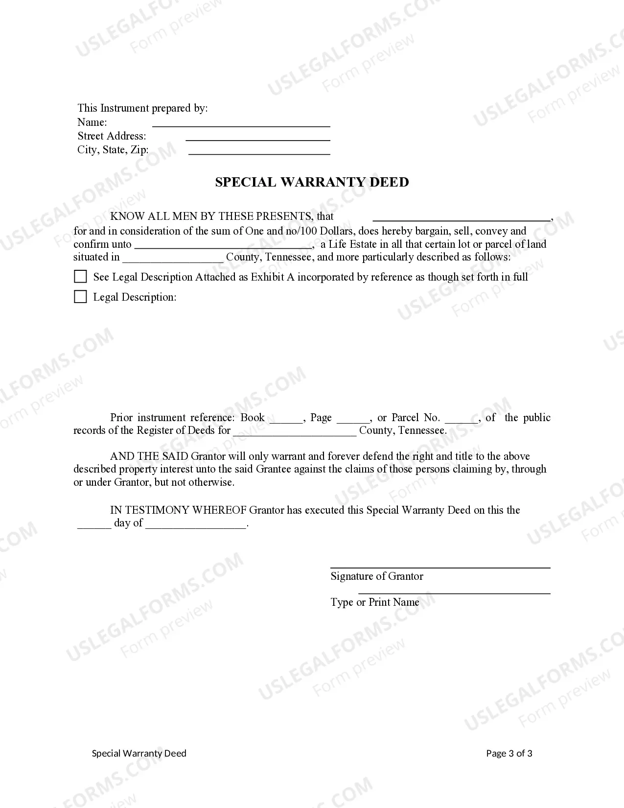 Preview Special Warranty Deed - Life Estate to Grantee with Remainder in Grantor