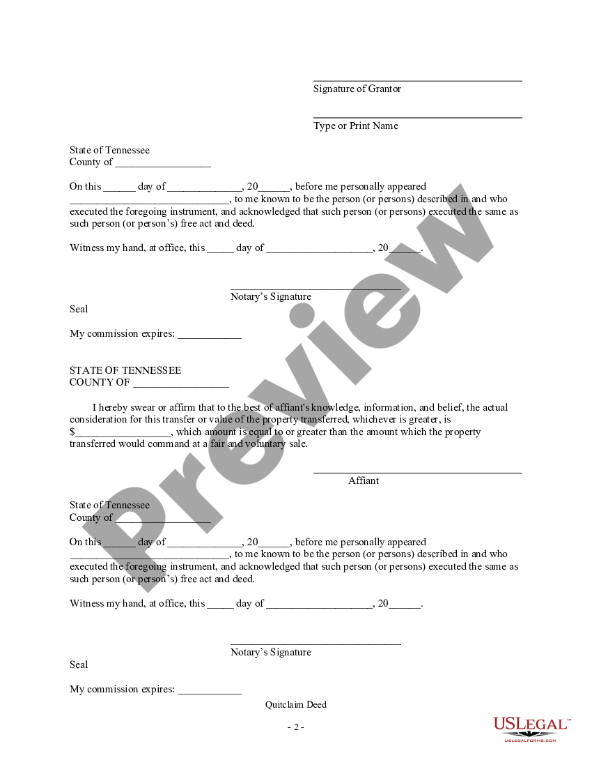 Tennessee Quitclaim Deed - Quit Claim Deed Parent To Child | US Legal Forms