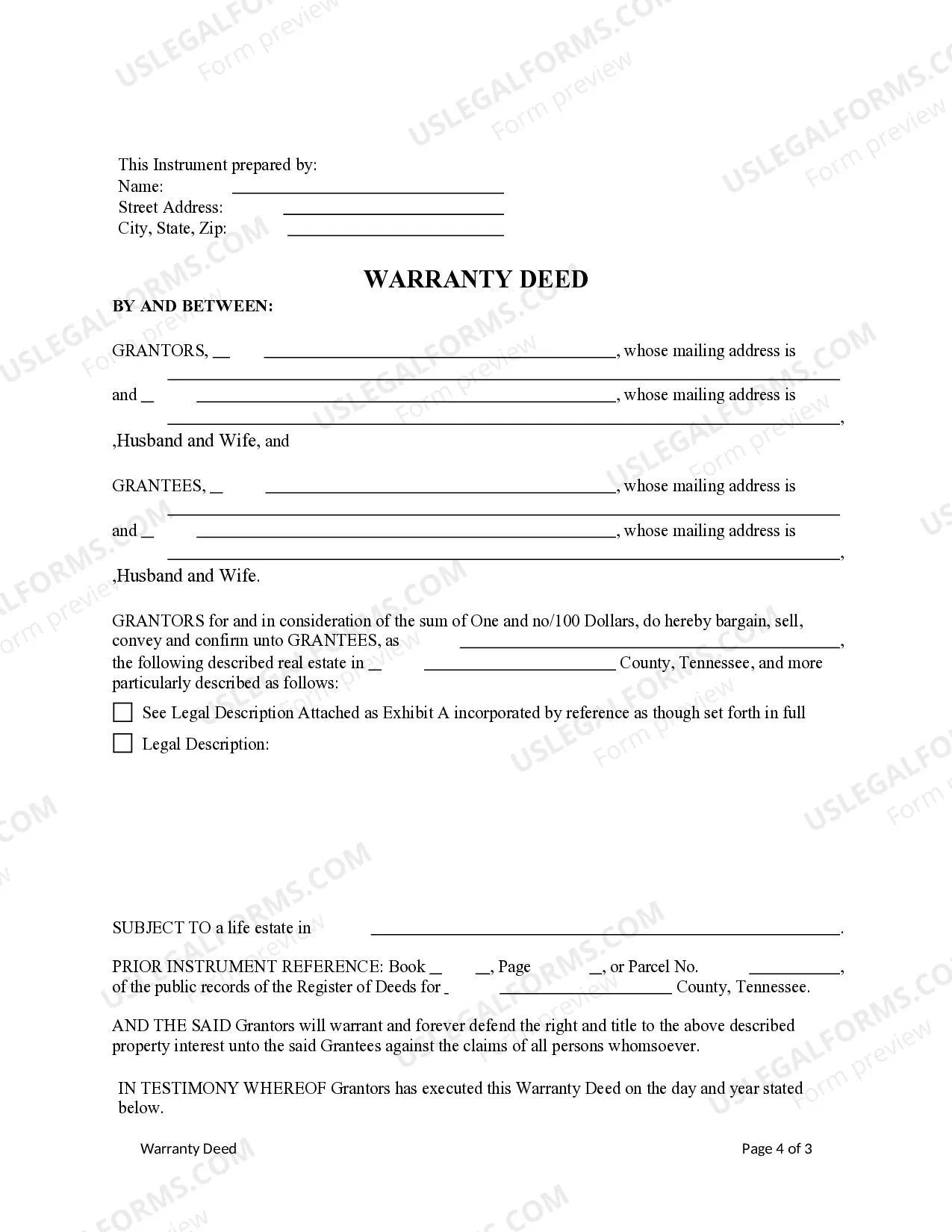 Preview Warranty Deed from Two Individuals / Husband and Wife Grantors to Two Individuals / Husband and Wife Grantees Subject to a Life Estate