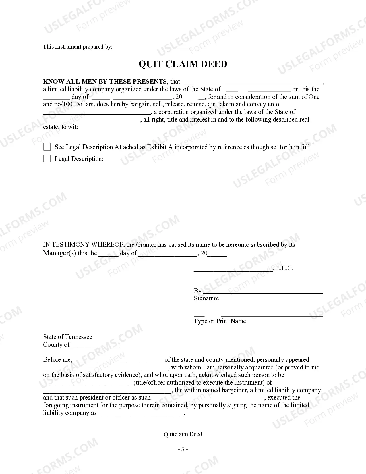 Preview Quitclaim Deed from Limited Liability Company to Corporation