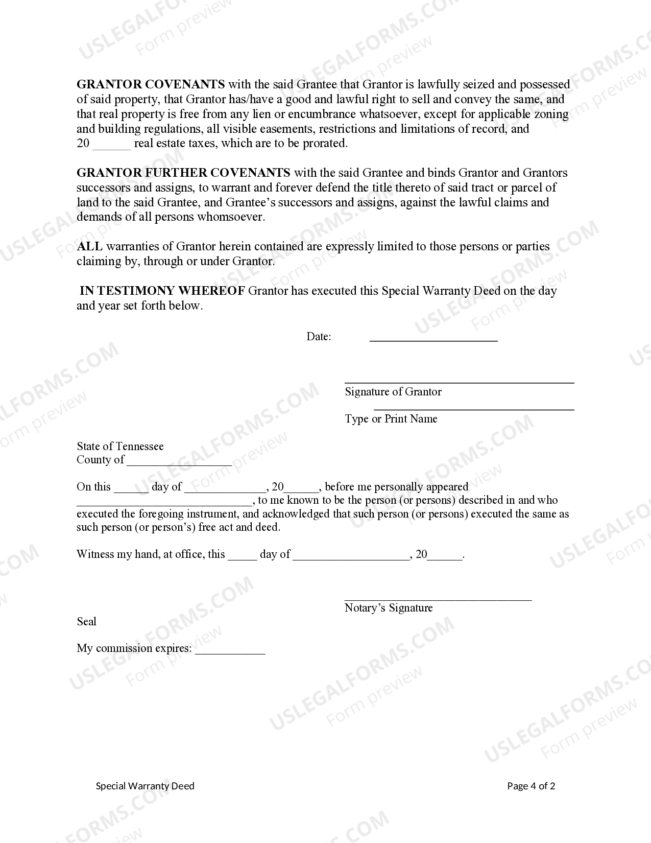 Tennessee Special Warranty Deed from an Individual to an LLC Tennessee Warranty US Legal Forms