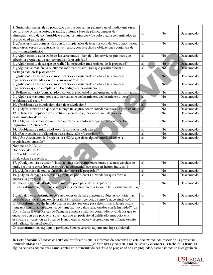 Preview Formulario de divulgación de propiedad residencial de bienes raíces de Tennessee