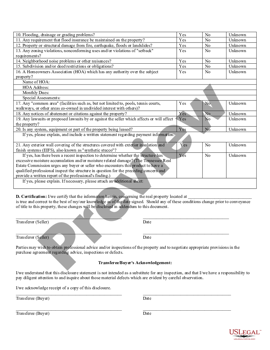 Tennessee Real Estate Residential Property Disclosure Form Tn