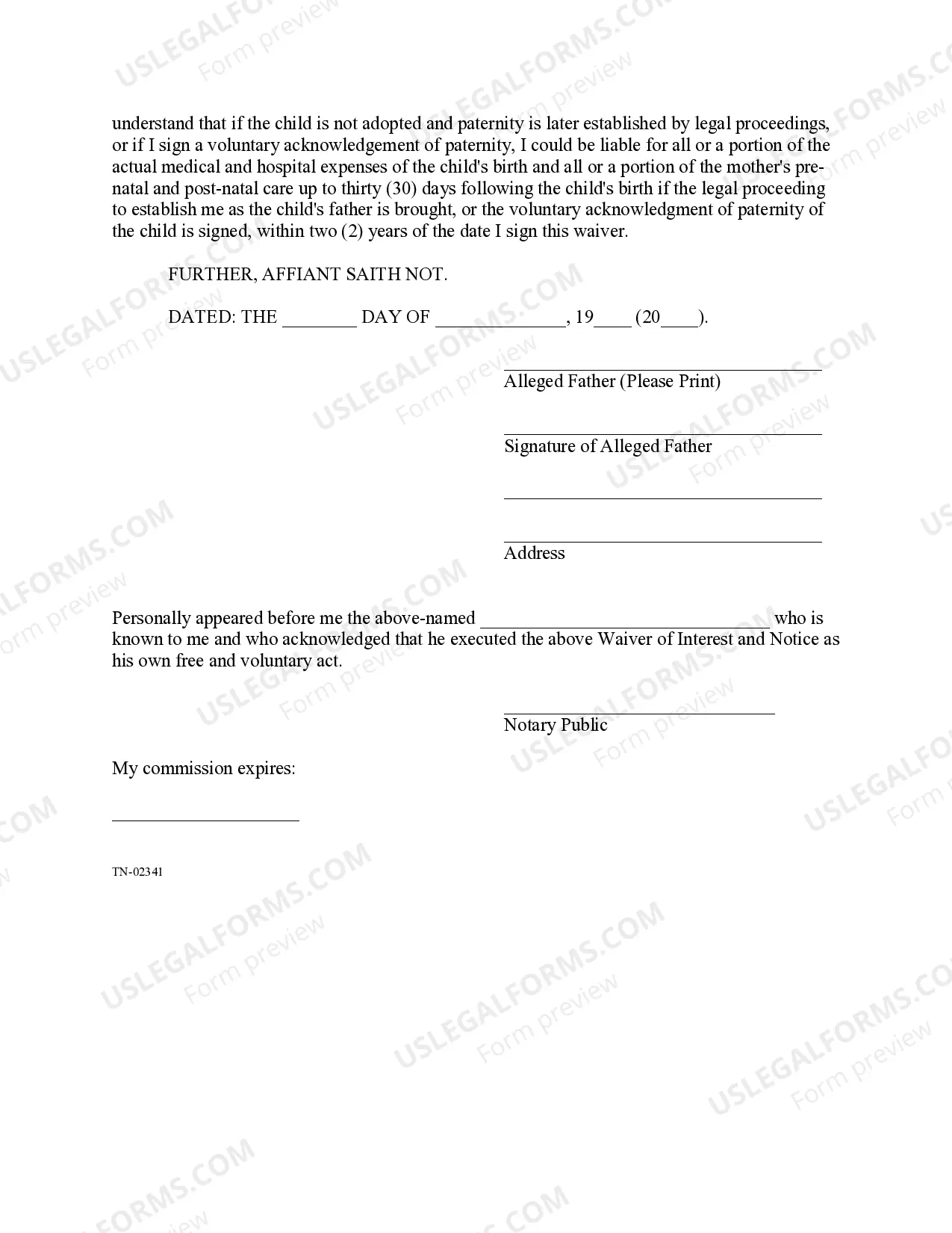 Preview Waiver of Interest And Notice of Parental Rights