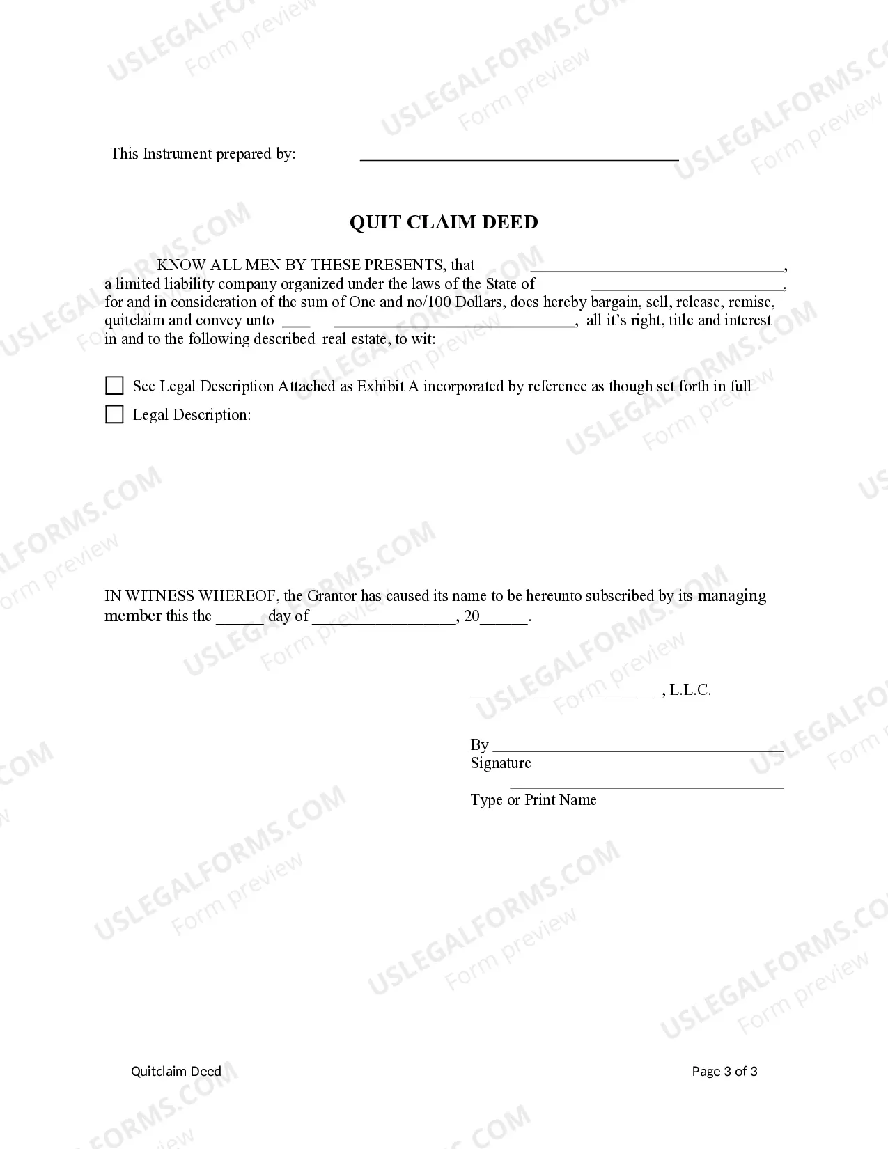 Preview Quitclaim Deed - Limited Liability Company to an Individual
