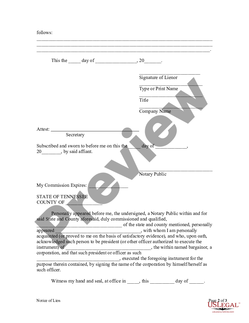 Tennessee Notice Of Lien Corporation Or Llc Us Legal Forms 5604