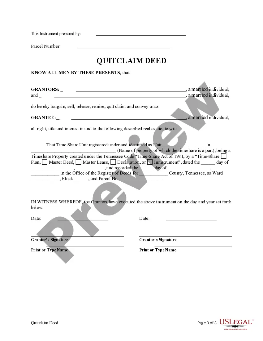 Preview Time-Share Quitclaim Deed from Two Individuals / Husband and Wife to an Individual
