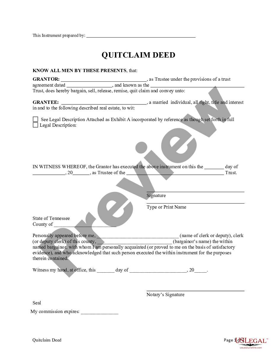 Tennessee Quitclaim Deed from a Trust to an Individual Tn Trust US