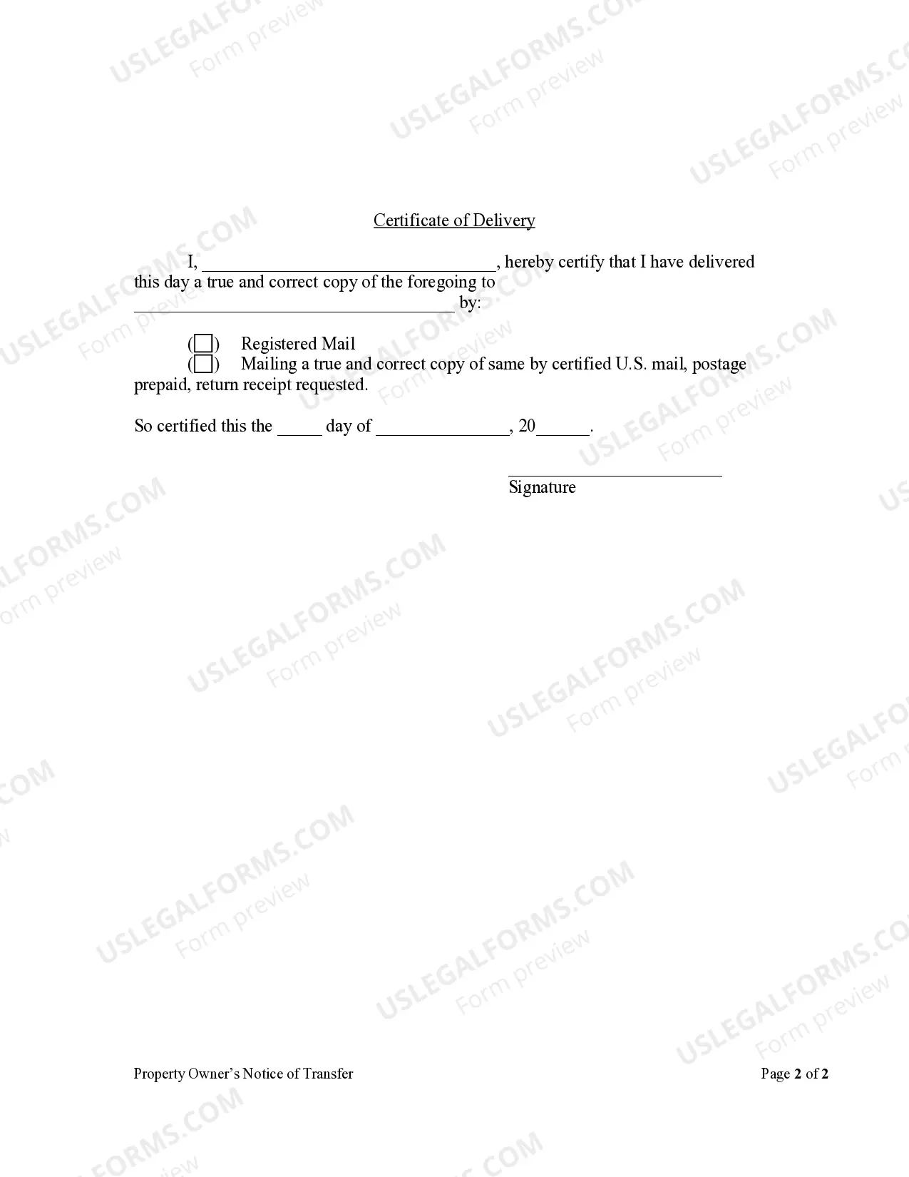 Preview Owner's Notice of Transfer by Corporation