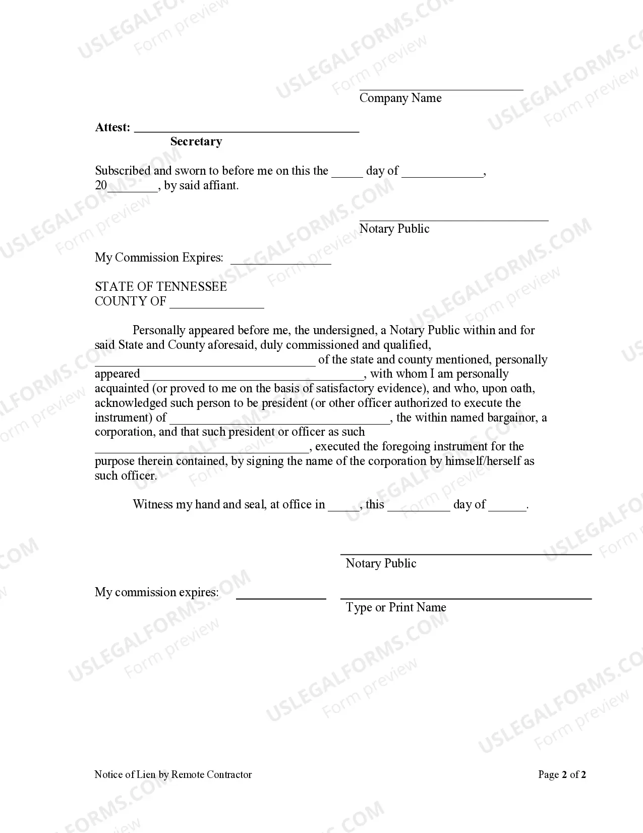 Preview Notice of Lien by Remote Contractor - Corporation