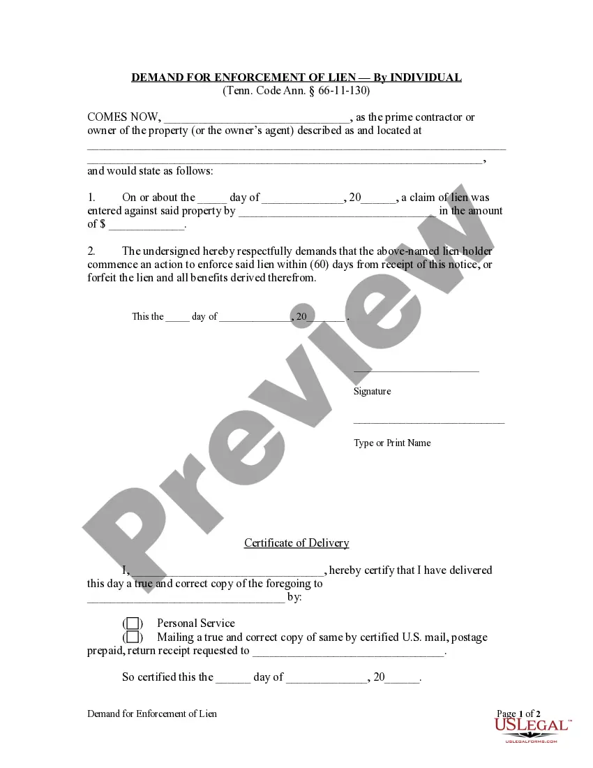 Preview Demand for Enforcement of Lien by Individual