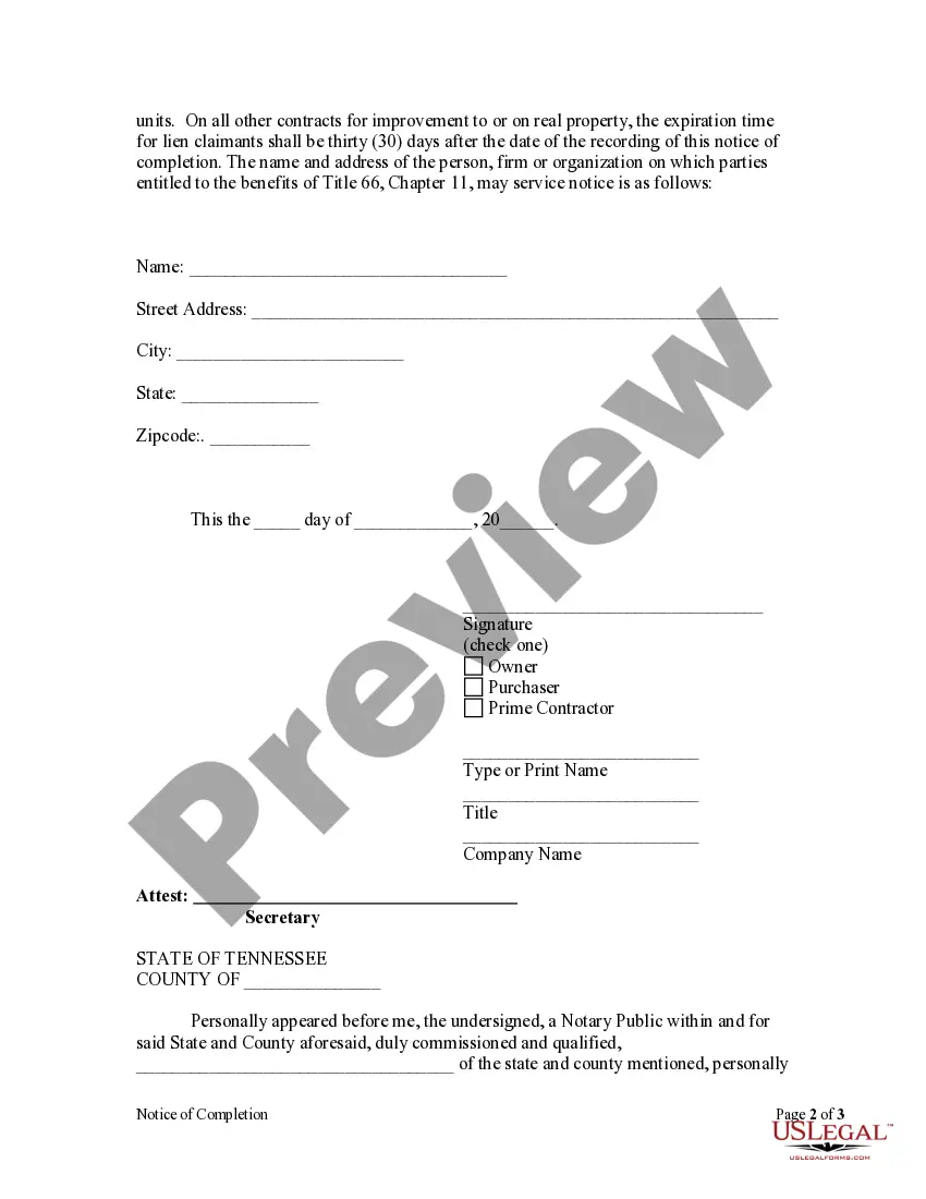 Preview Notice of Completion by Corporation