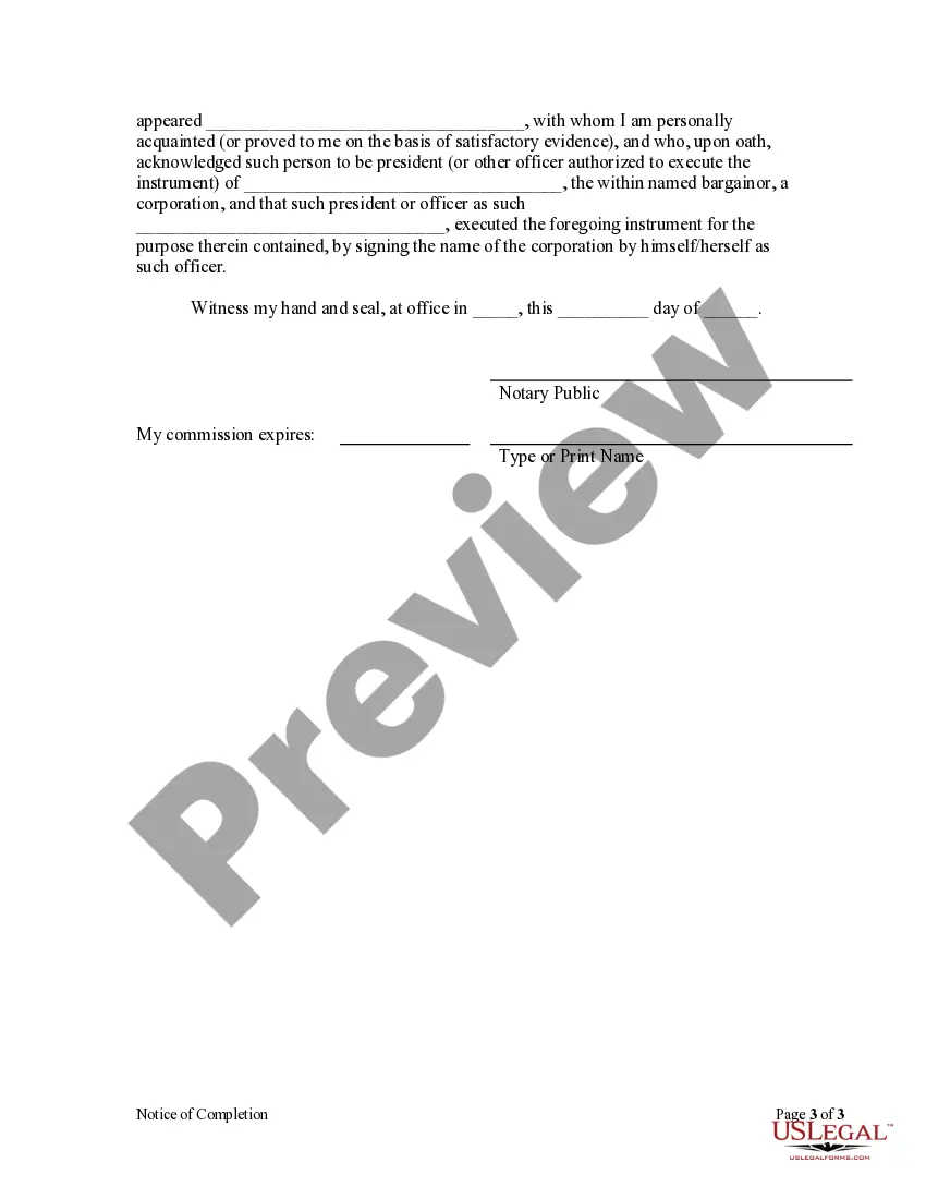 Preview Notice of Completion by Corporation