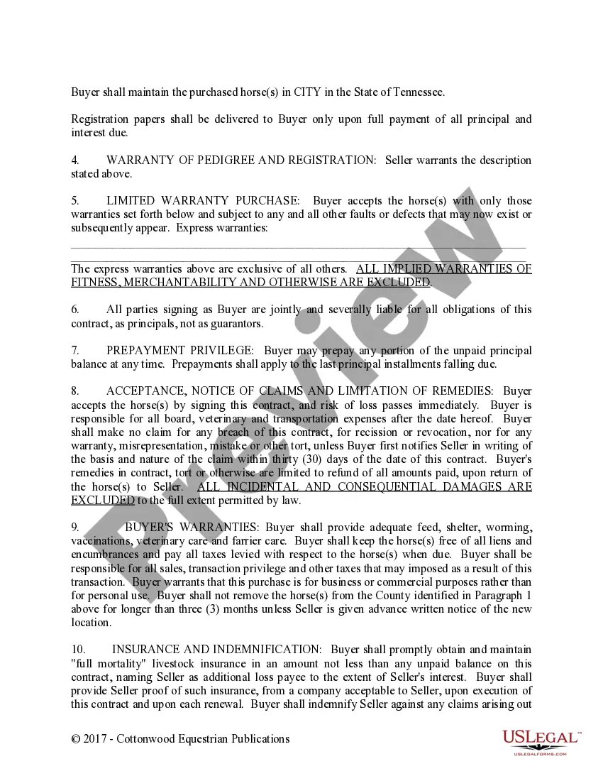 Preview Installment Purchase and Security Agreement With Limited Warranties - Horse Equine Forms