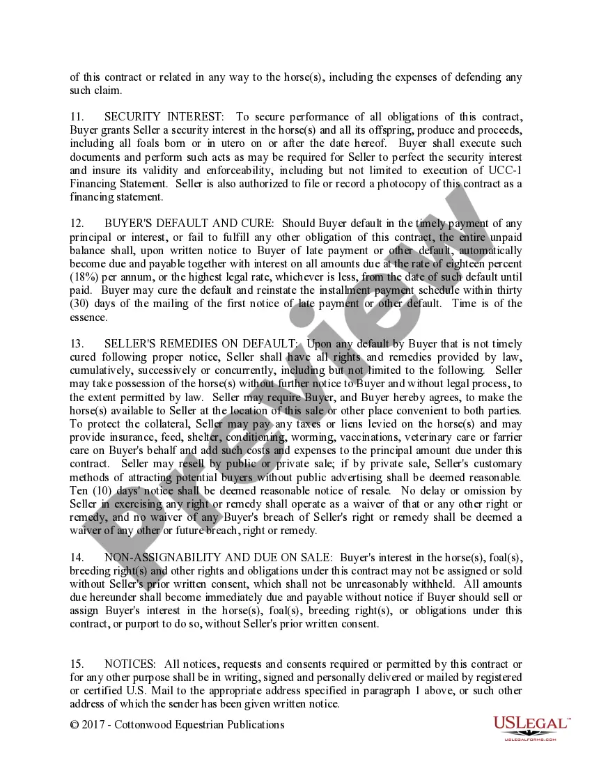 Preview Installment Purchase and Security Agreement With Limited Warranties - Horse Equine Forms