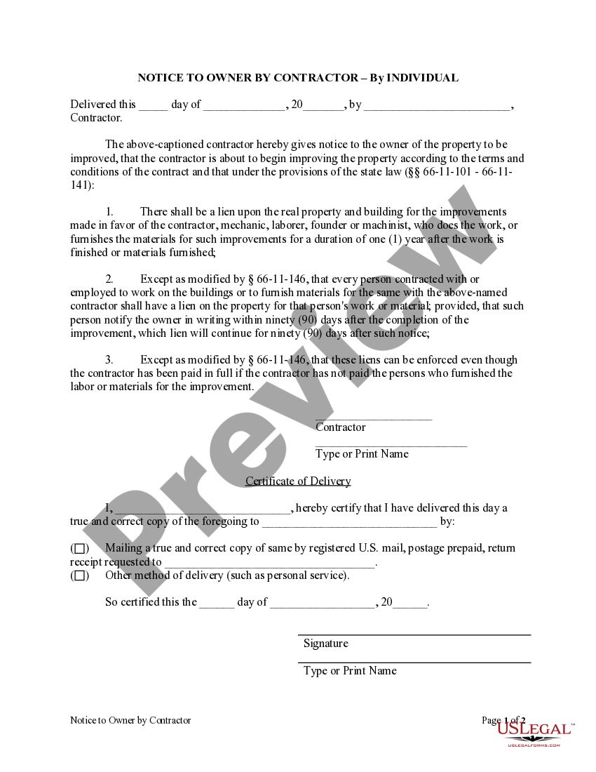Tennessee Notice to Owner of Construction Lien Individual Tennessee