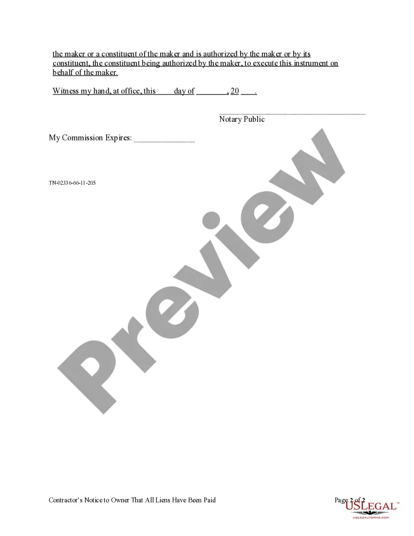 Preview Contractor's Notice to Owner that all Liens paid in full - Individual
