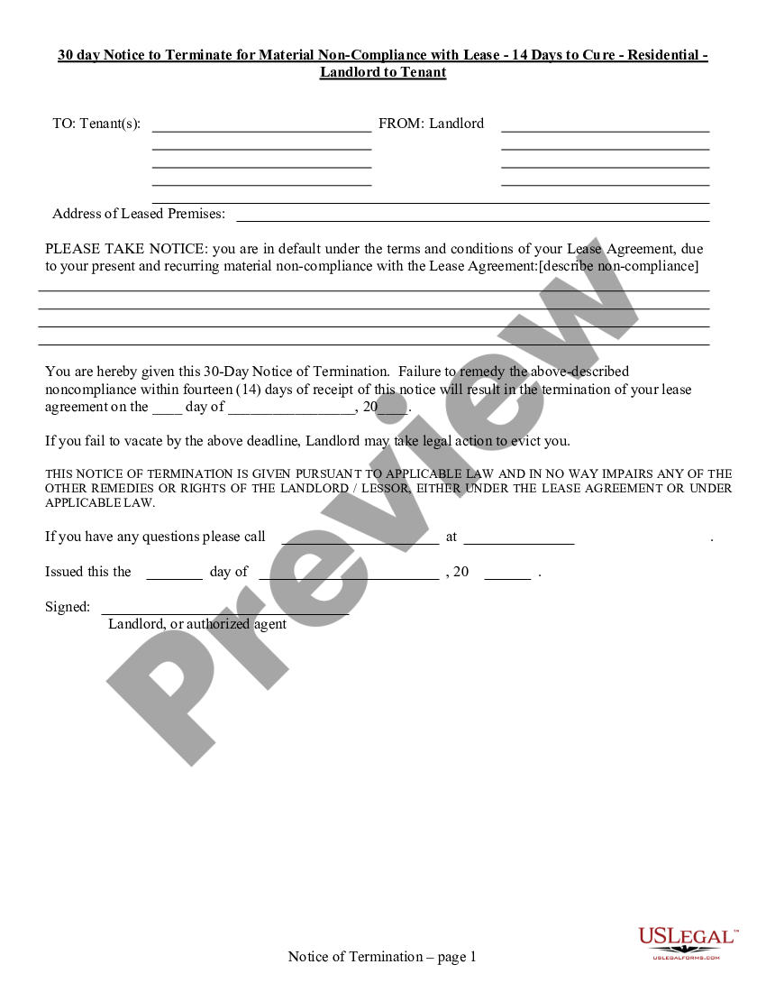 Memphis Tennessee 30 day Notice to Terminate for Material Noncompliance ...