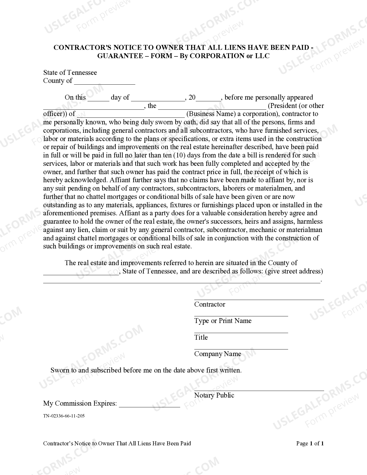 Tennessee Contractor's Notice to Owner that all Liens paid in full