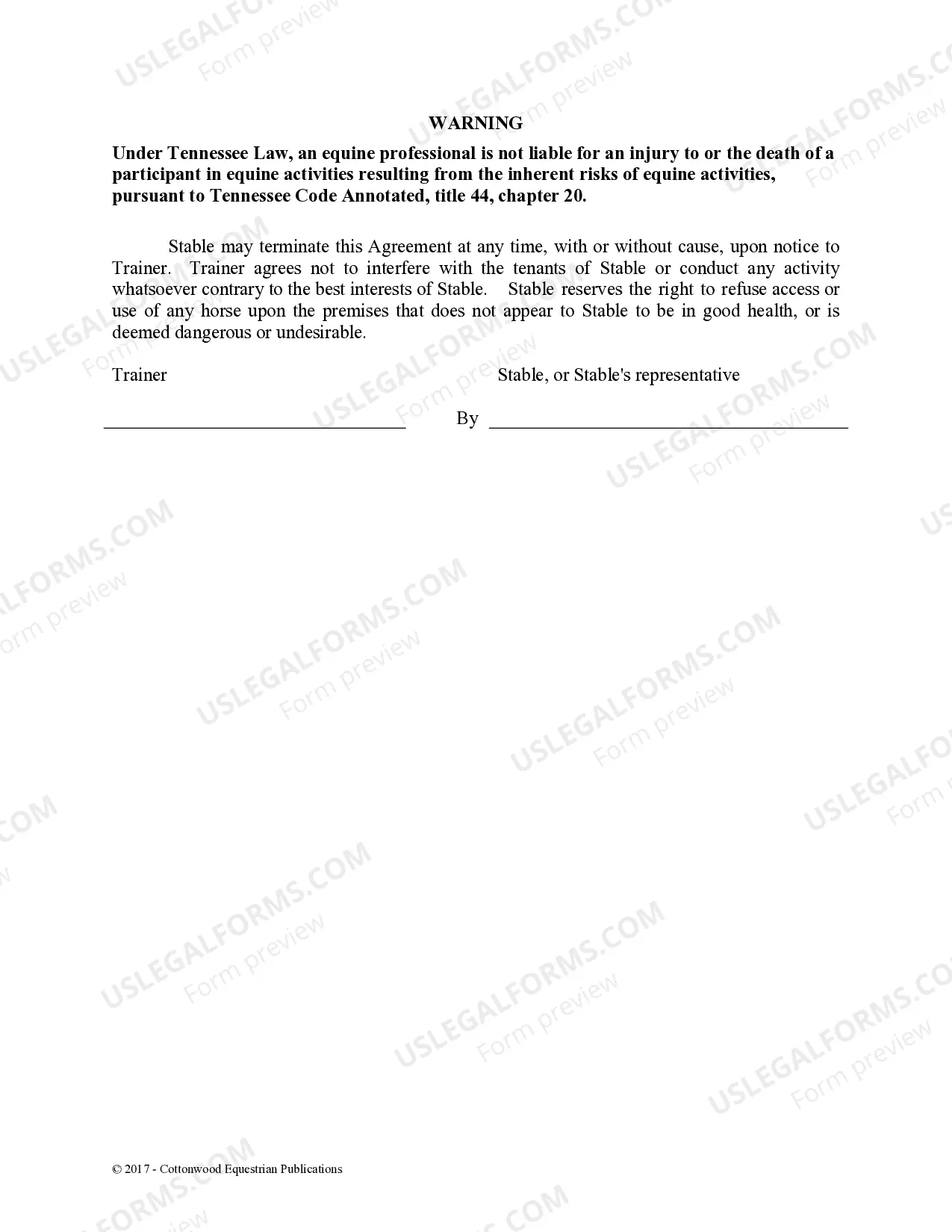 Preview Trainer's Facility Use Agreement - Horse Equine Forms