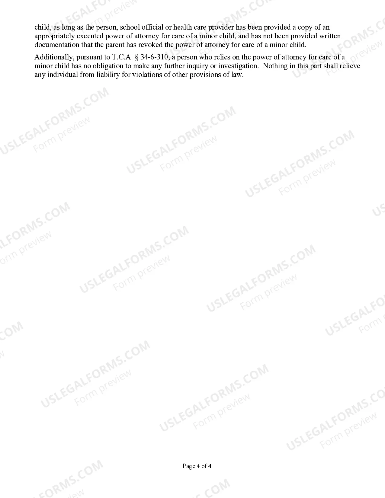 Preview Power of Attorney for Care of a Minor Child